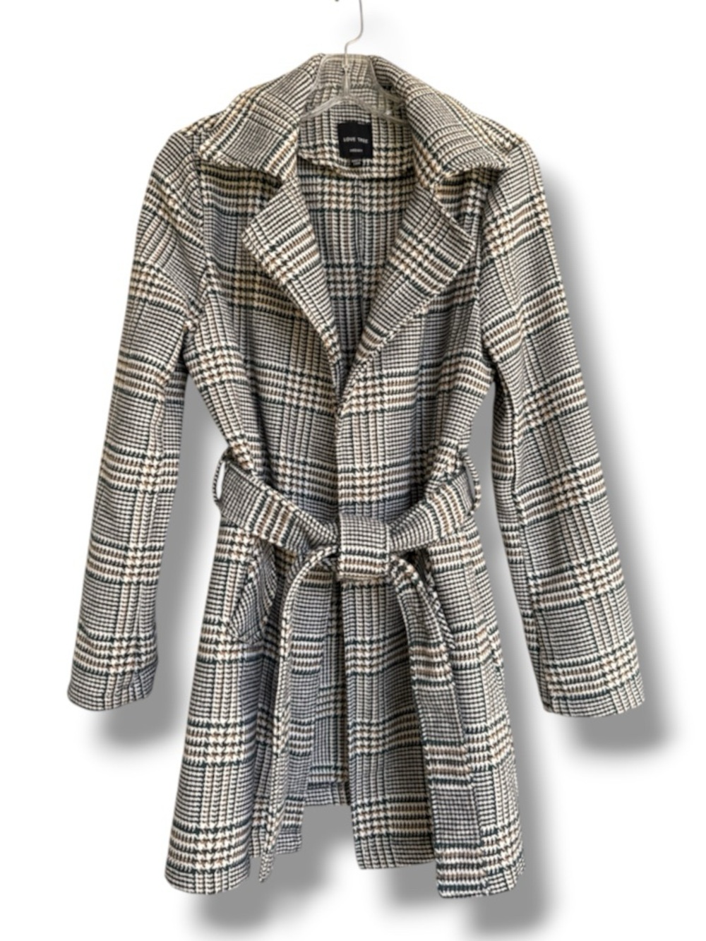 Love Tree Houndstooth Plaid Belted Trench Coat Size Medium